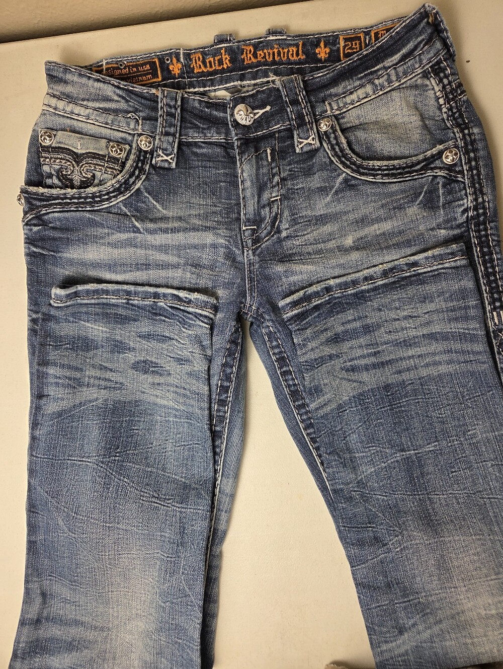 Rock Revival Jeans Manny Straight Mens Western Blue Logo Size 29 Cowboys 30 Rise